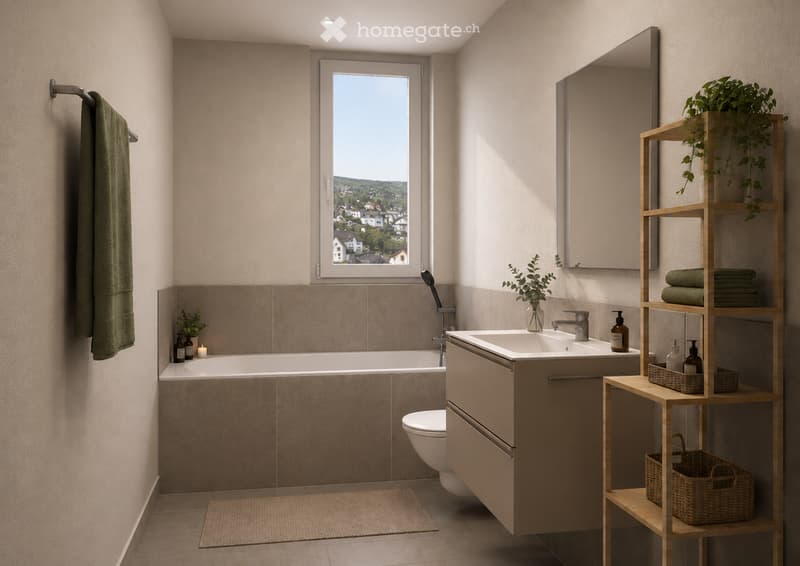 Modern bathroom with a bathtub, sink, toilet, large mirror, and wooden shelves holding plants and towels. The room features a large window with a scenic view.
