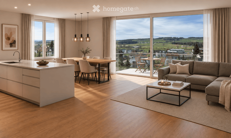 Modern open-plan living and dining area with a grey sectional sofa, coffee table, dining table with chairs, and a kitchen island. Large windows offer scenic views, complemented by pendant lights and decorative items.
