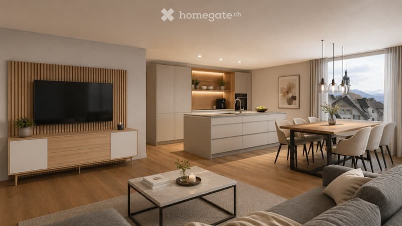 Modern open-plan living and dining area with a grey sofa, coffee table, TV stand, kitchen island, dining table with chairs, and pendant lights. The kitchen features sleek cabinets and a central island with a sink and faucet.