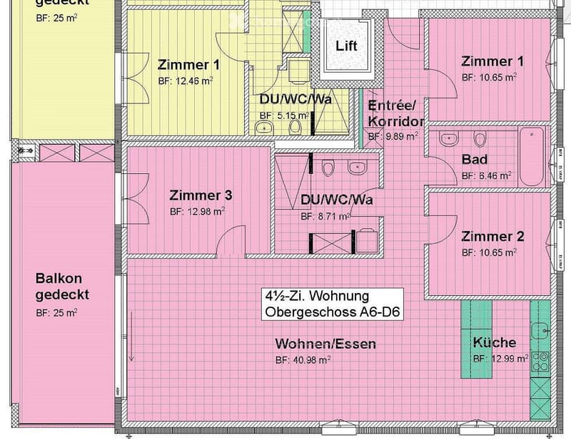 Floor plan of a 4.5-room apartment on the upper floor, including living/dining area, kitchen, three bedrooms, two bathrooms, entrance/hallway, and a balcony.