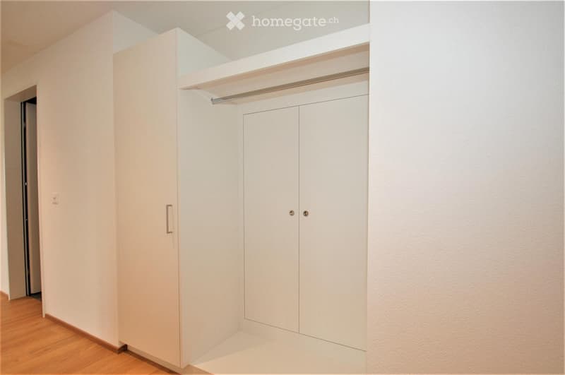 Empty room with white walls, wooden floor, and built-in closet with double doors and a shelf.