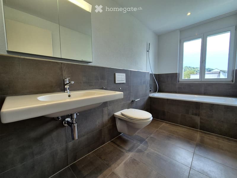 Modern bathroom with dark grey tiles, a large window, a sink, a toilet, a bathtub, and a mirrored cabinet.