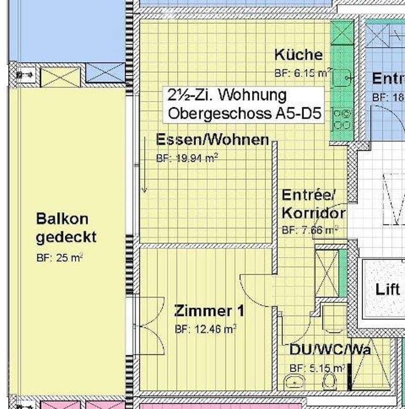 Floor plan of a 2.5-room apartment on the upper floor, including a kitchen, living/dining area, bedroom, bathroom, entrance corridor, and a covered balcony.