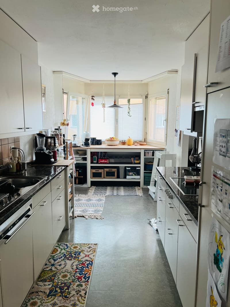 Bright, modern kitchen with white cabinets, stainless steel appliances, and a central island with a bowl of fruit. The space features a grey concrete floor, colorful rugs, and ample natural light from large windows.