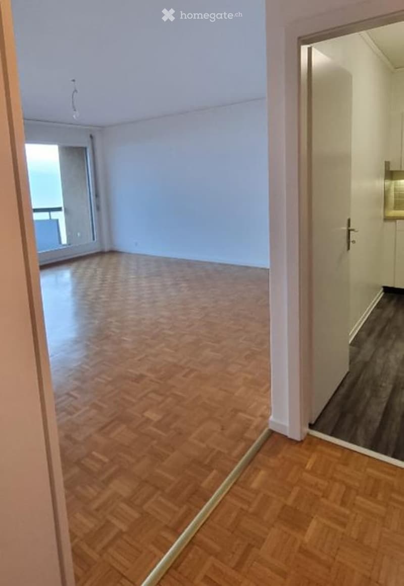 Empty room with wooden parquet flooring, white walls, and large windows leading to a balcony.