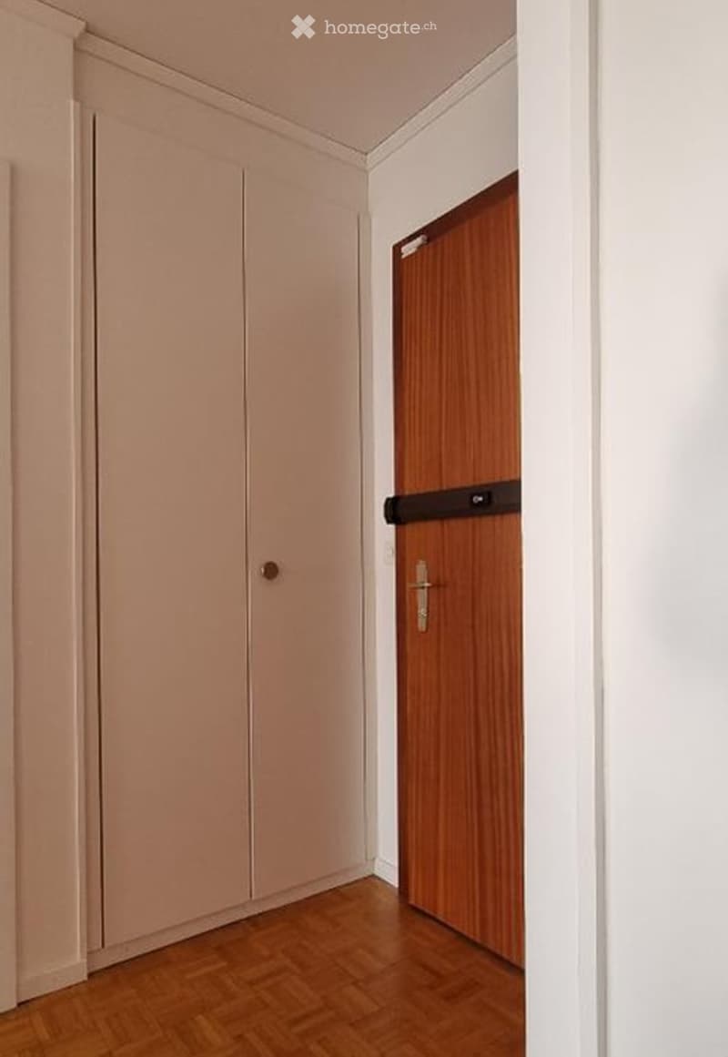 A narrow hallway with light-colored walls, wooden flooring, and two doors: one a light-colored closet door and the other a wooden door with a silver handle.