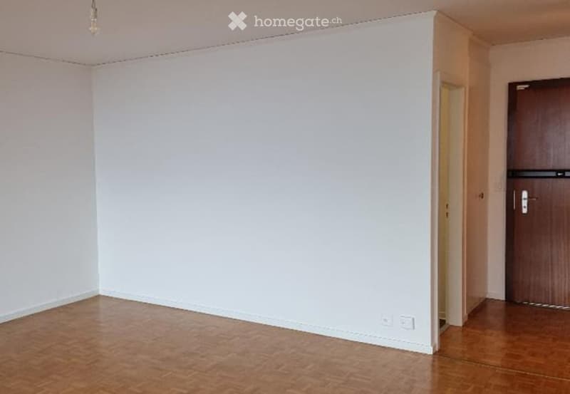 Empty room with wooden flooring and white walls, featuring a single door and a light fixture on the ceiling.