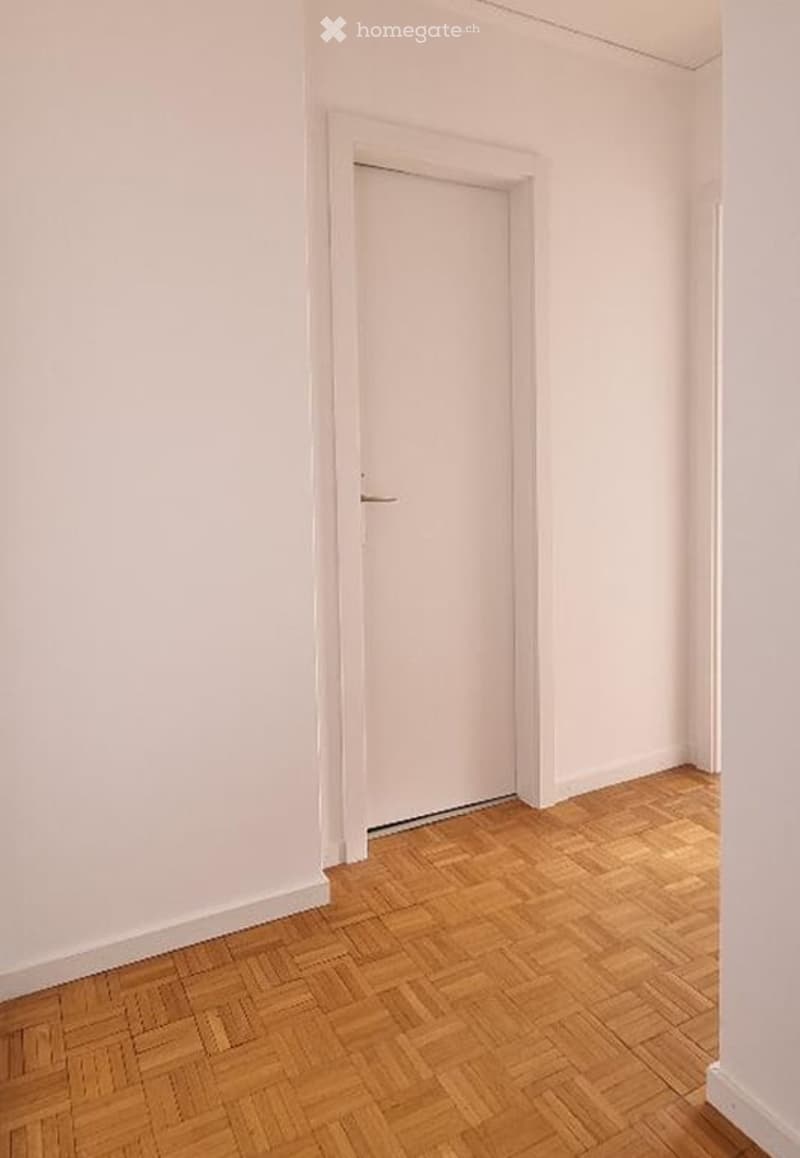 Empty room with light-colored walls and a wooden herringbone floor. A single white door is visible on one wall.
