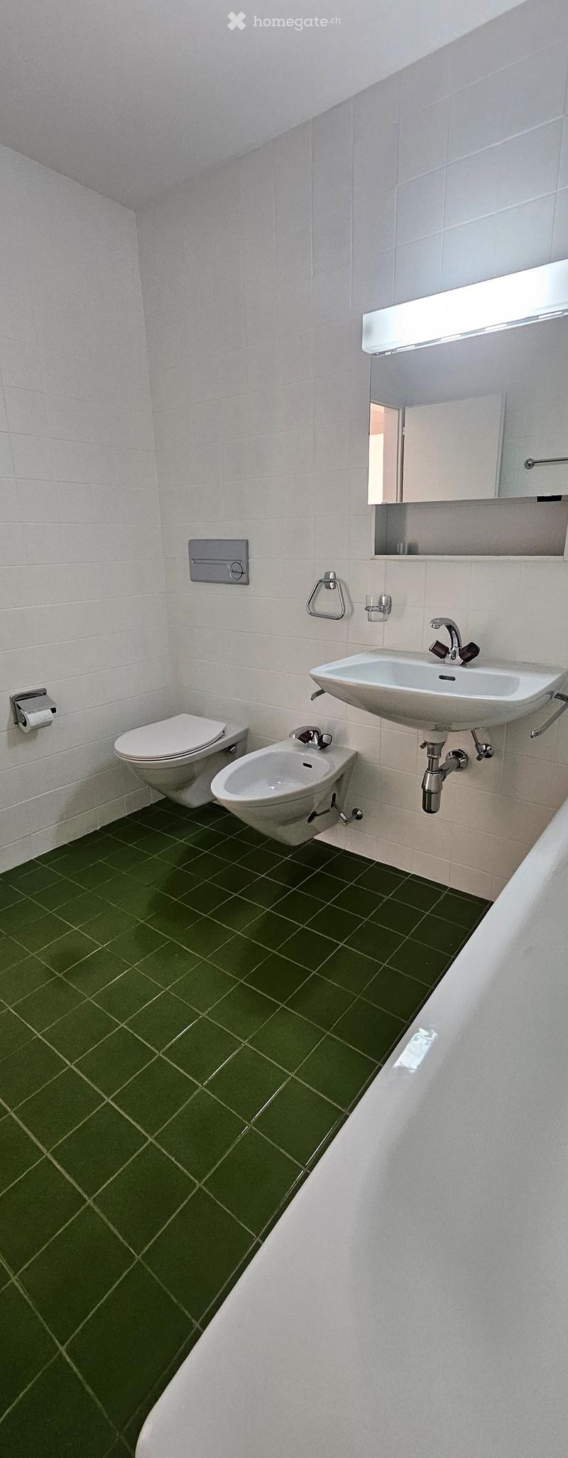 Modern bathroom with white tiles, green floor tiles, toilet, bidet, sink, and mirror.