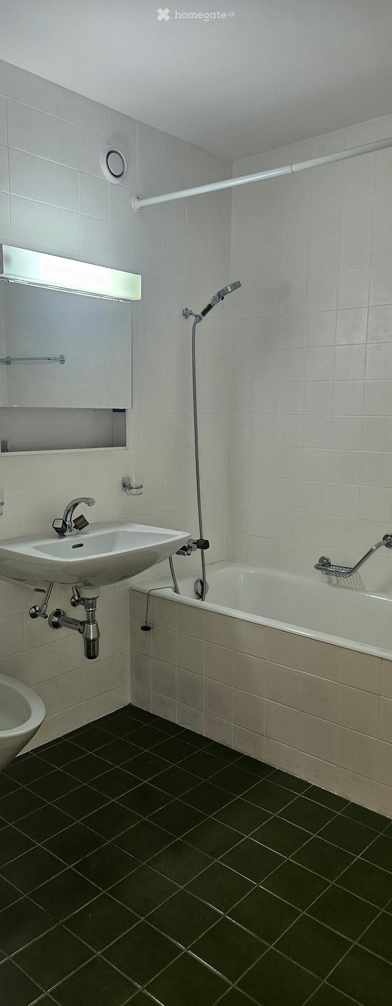 Modern bathroom with a white sink, bathtub, and showerhead. Features a dark green tiled floor and white tiled walls.
