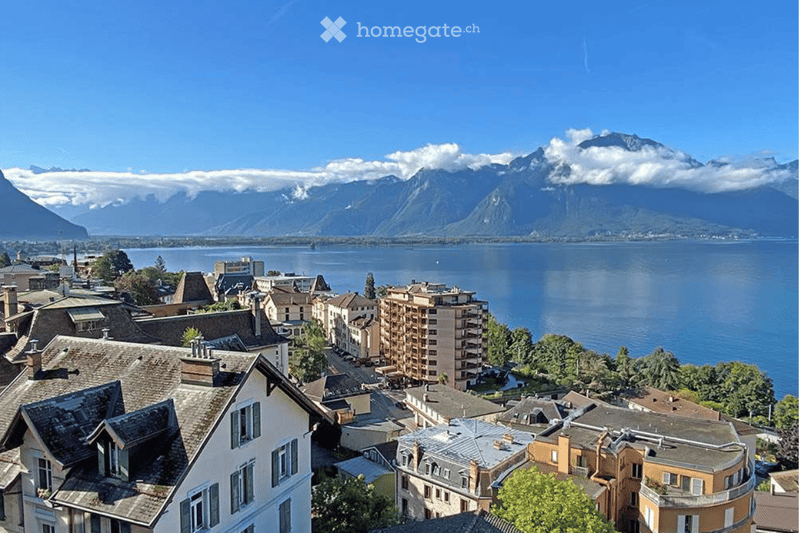 A panoramic view of a town with traditional houses, a lake, and snow-capped mountains in the background.