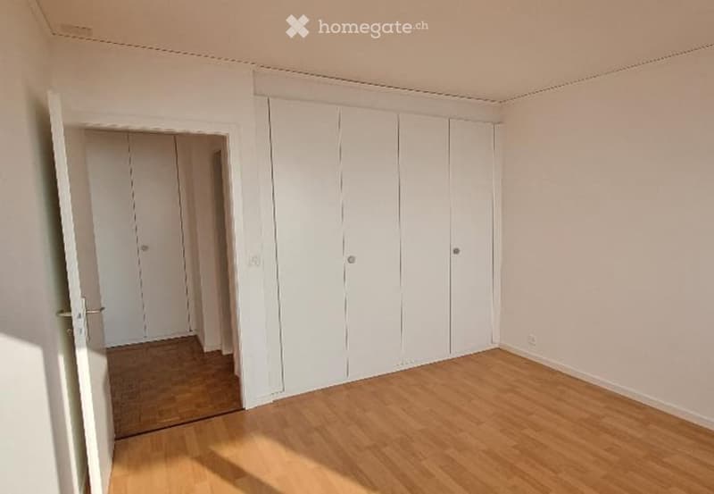Empty room with light wooden flooring, white walls, and built-in white closet units. No furniture or personal items are present.