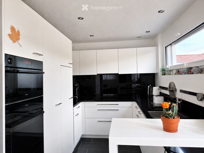 Modern kitchen with white cabinets, black countertops, and stainless steel appliances. Features an oven, sink, and a small potted cactus on the counter.