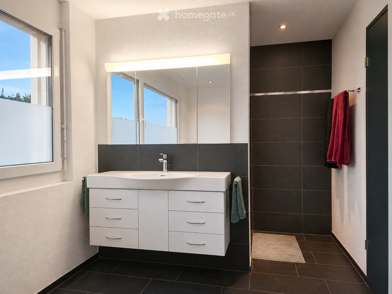 Modern bathroom with a white sink cabinet, large mirror with built-in lighting, dark tiled walls, and a window offering a view.