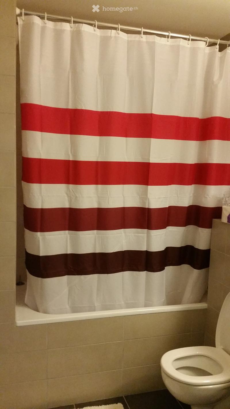 Bathroom with a white bathtub, a toilet, and a shower curtain with red, white, and brown stripes.