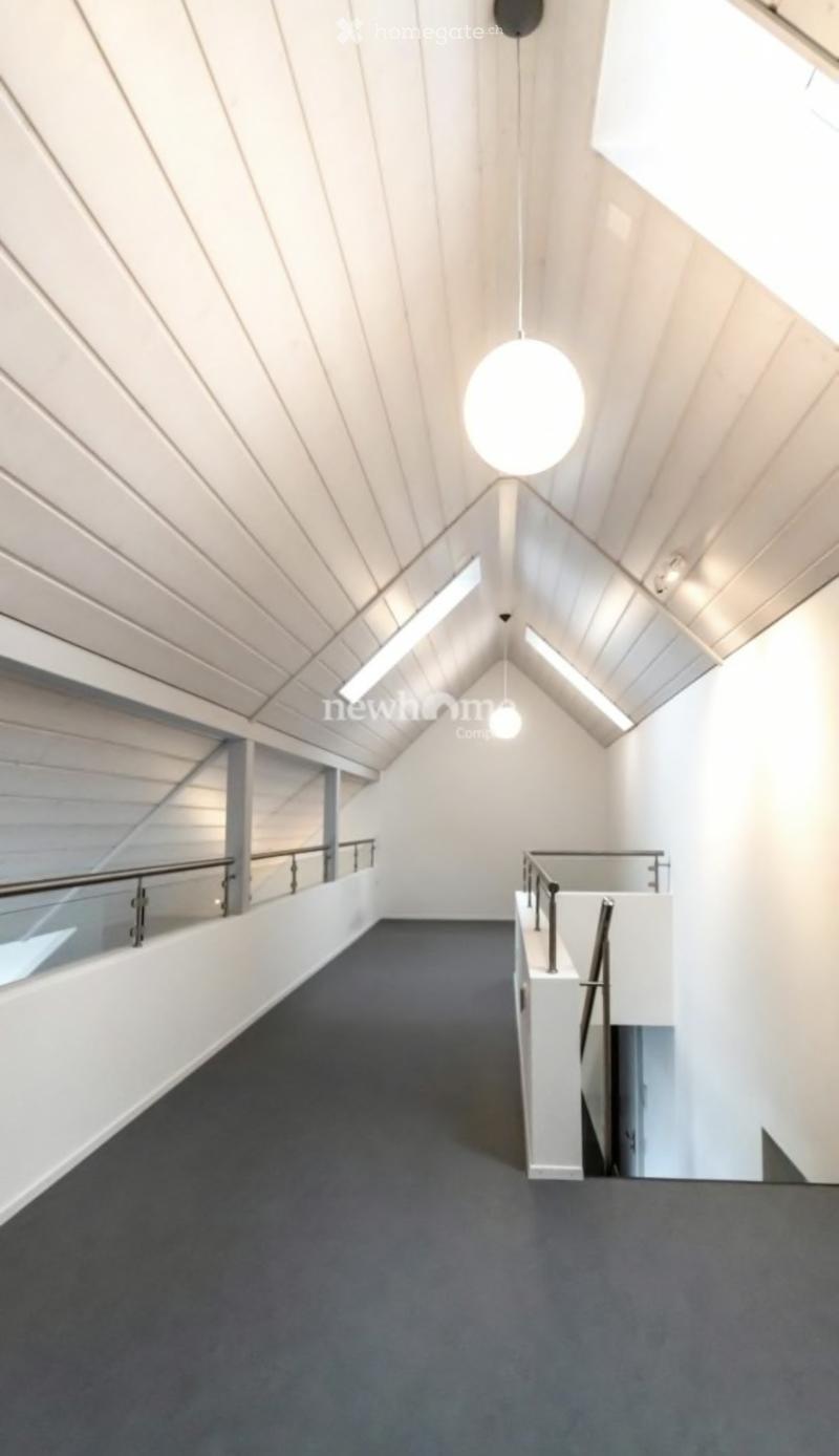 Modern hallway with a sloped wooden ceiling, pendant light fixture, dark carpeted floor, and white walls. Features a glass railing and open staircase leading upwards.