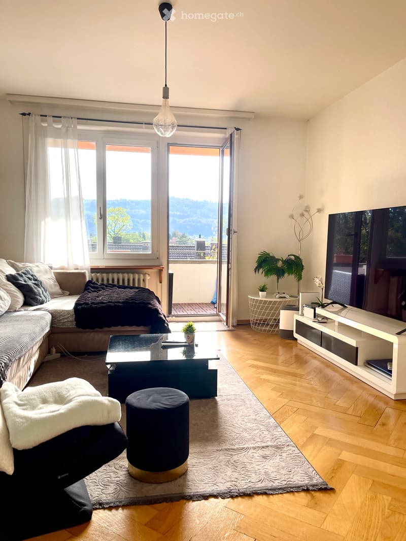 Modern living room with wooden flooring, large windows, and a view of the landscape. Features a sofa, coffee table, TV stand, and decorative plants.