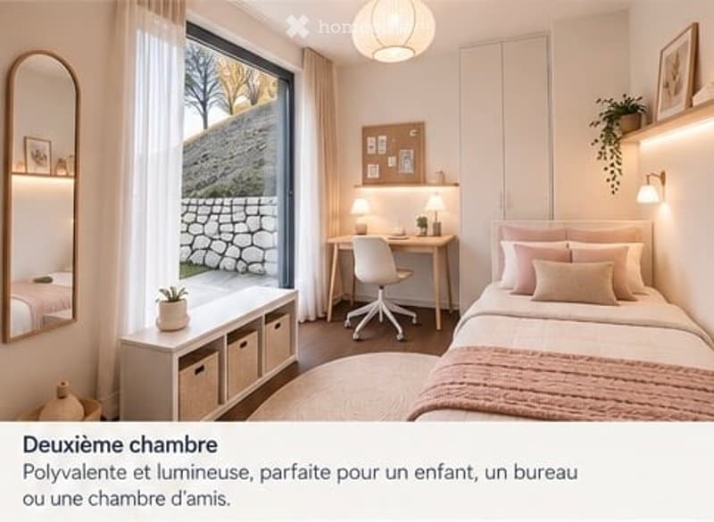 Bright bedroom with a double bed, desk, chair, large window with a view, and decorative elements like a mirror and potted plant.