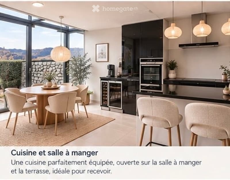 Modern open-plan kitchen and dining area with large windows offering a scenic view, equipped with a dining table, chairs, kitchen island, oven, wine cooler, pendant lights, and decorative plants.