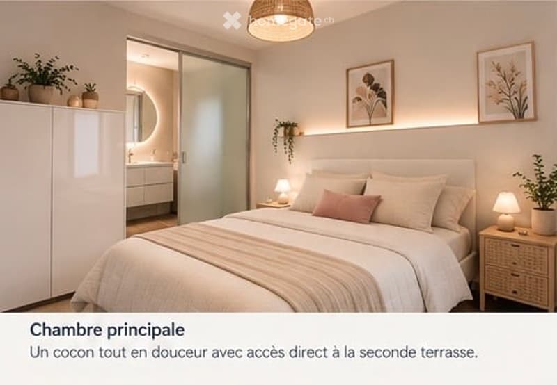 Modern bedroom with a large bed, nightstands, lamps, a mirror, a cabinet, and decorative plants.