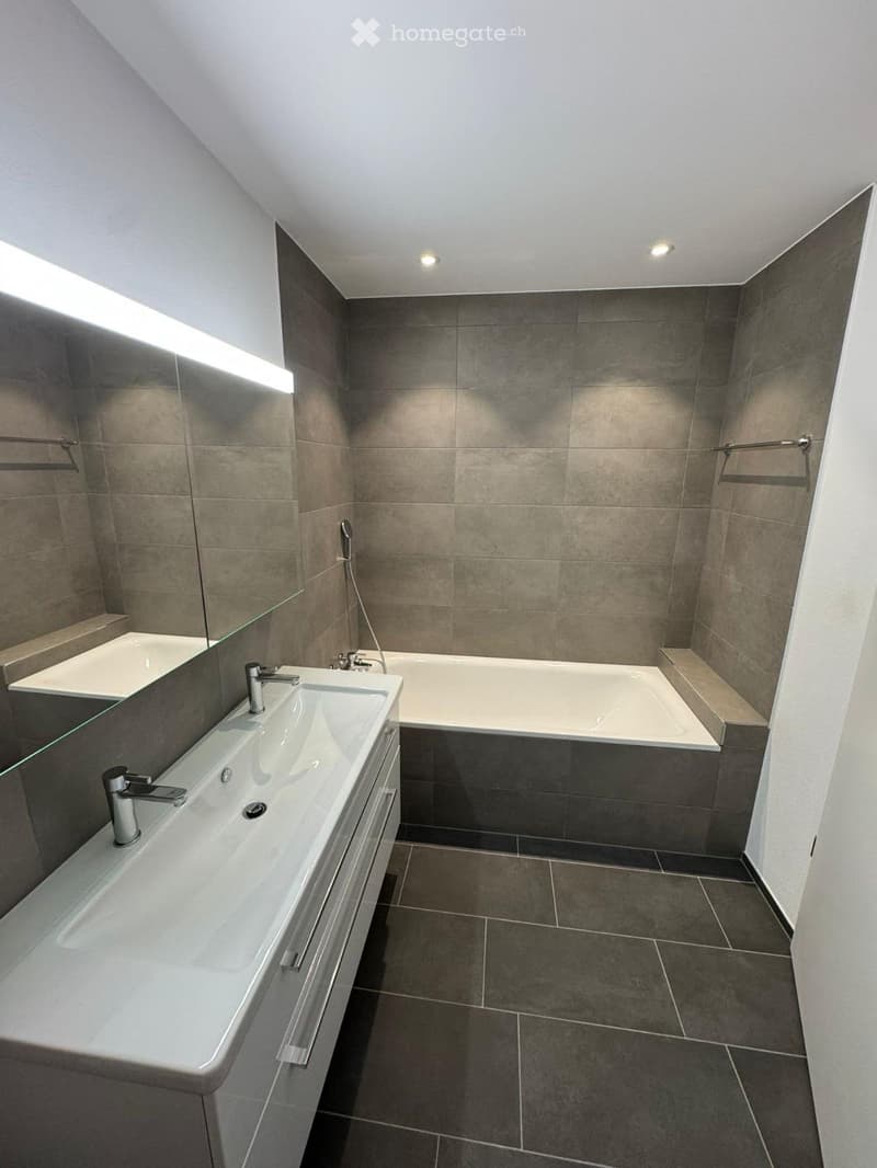 Modern bathroom with a large sink, bathtub, and mirrored wall. Features dark grey tiles and sleek chrome fixtures.