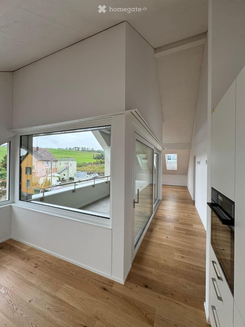Modern hallway with wooden flooring, large windows, and a view of the outdoor area and neighboring houses.