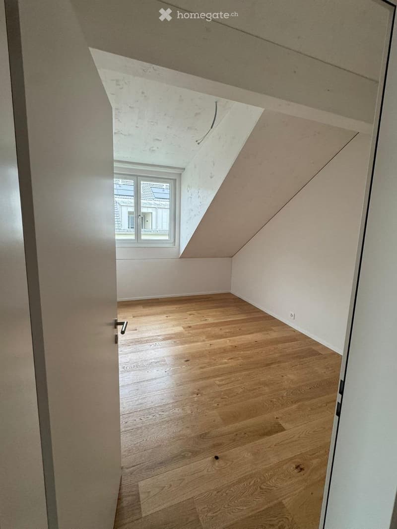 Empty attic room with wooden flooring, white walls, and a skylight window showing a view of the roof and neighboring buildings.
