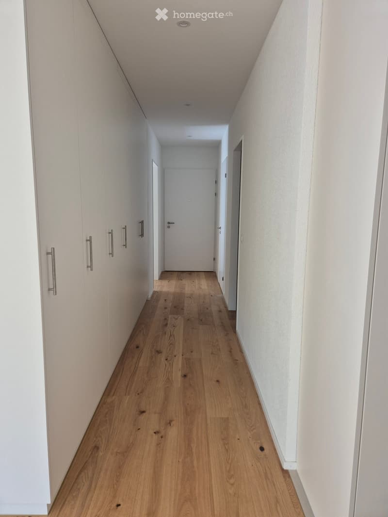 A narrow hallway with light wooden flooring, white walls, and built-in white cabinets with metal handles on one side. A closed door is visible at the end of the hallway.