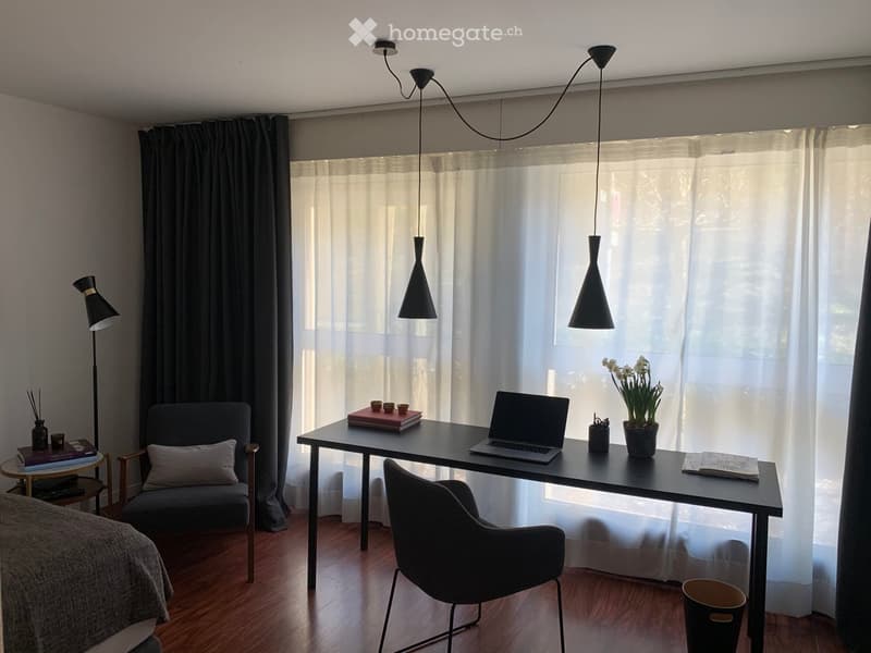 A modern, well-lit room with a desk, laptop, chair, potted plant, and decorative items. The room features large windows with sheer curtains and pendant lighting.