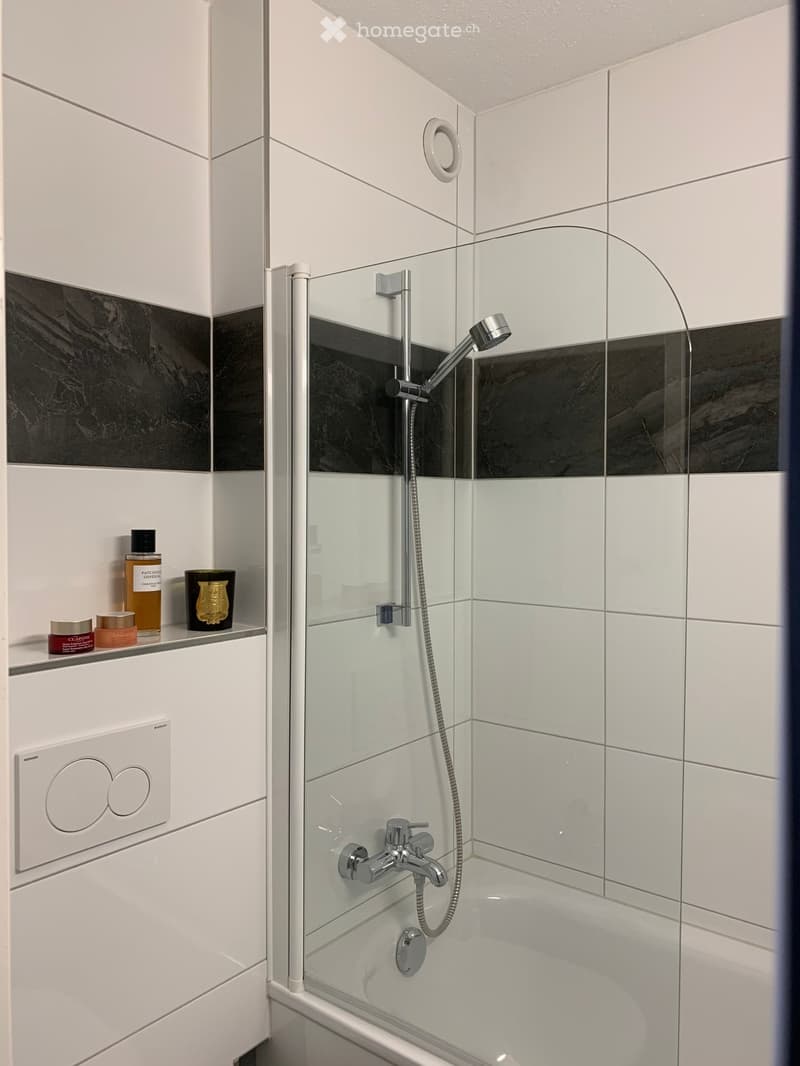 Modern bathroom with a bathtub, glass shower enclosure, and a shelf with toiletries.