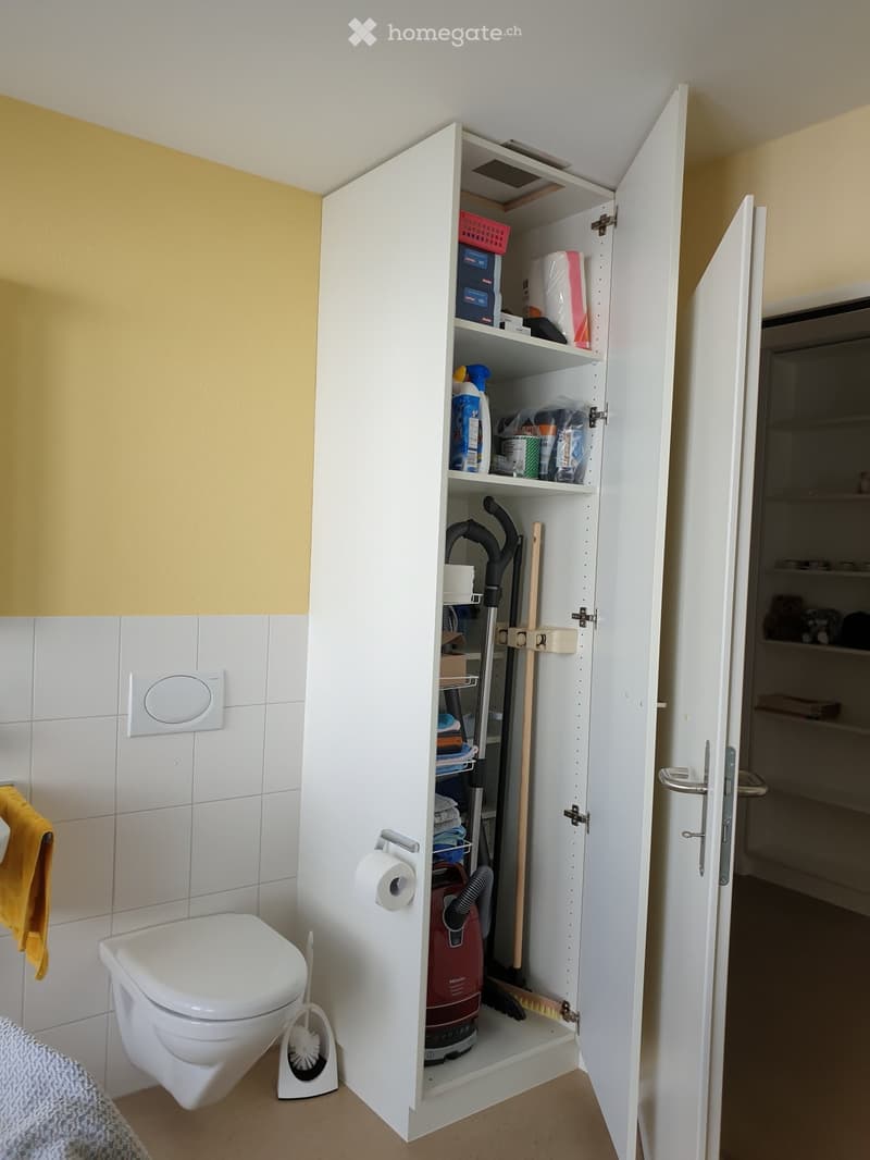 Bathroom with white tiled walls, a toilet, a white cabinet with cleaning supplies, a vacuum cleaner, and a towel hanging on the wall.