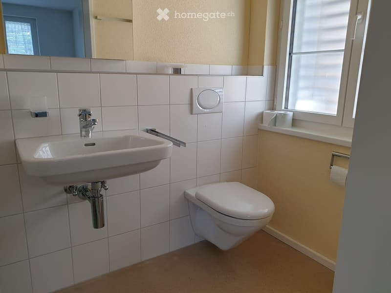 Modern bathroom with white tiles, a sink, a toilet, and a window with frosted glass. Toilet paper is placed on a small shelf near the window.