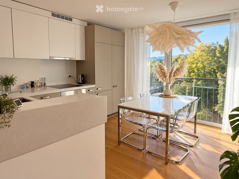 Modern kitchen and dining area with a large island, sleek cabinets, and a glass dining table with chairs. The space features a view of greenery outside, a hanging lamp, and decorative plants.
