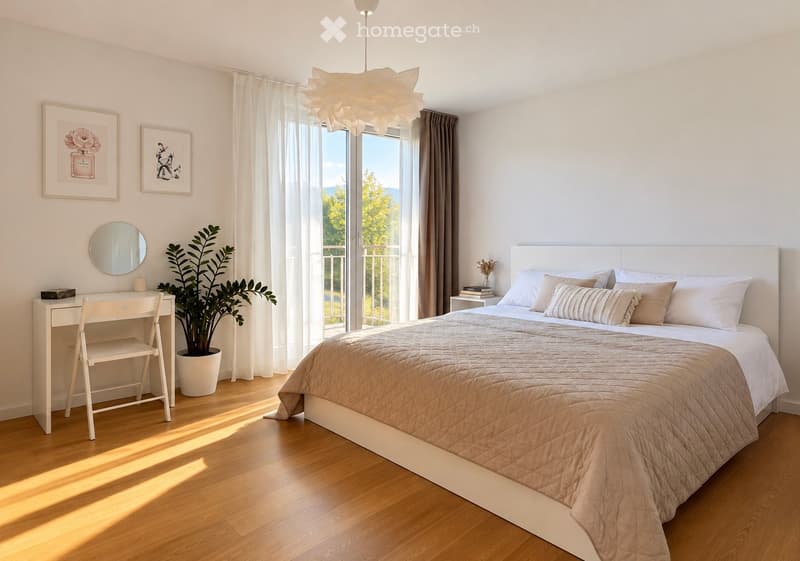Bright bedroom with a large bed, nightstand, desk, chair, mirror, potted plant, and picture frames. Large windows offer a scenic view.