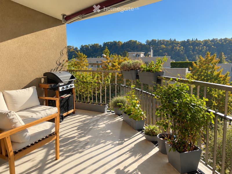 Balcony with a sofa, grill, table, and several potted plants, overlooking a scenic view of trees and buildings.
