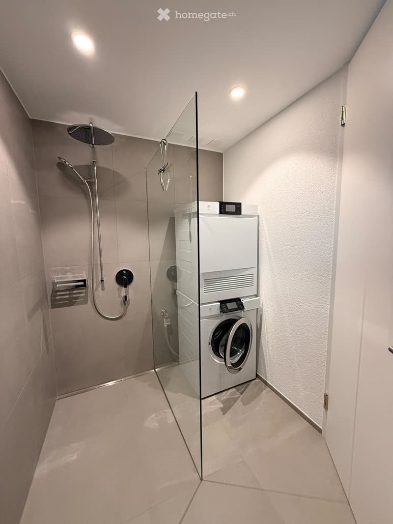 Modern bathroom with a glass-enclosed shower and a stacked washer/dryer unit.