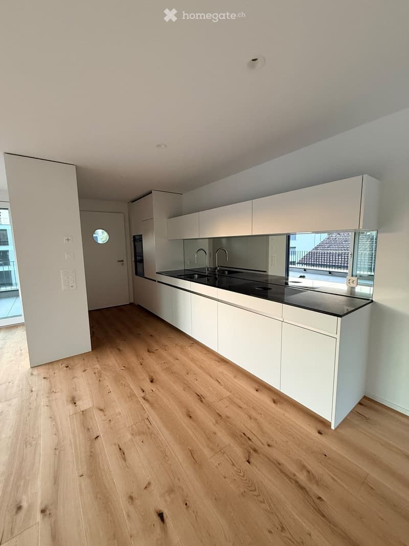 Modern kitchen with white cabinets, black countertop, and wooden flooring. Features a double sink with two faucets and built-in cabinets.