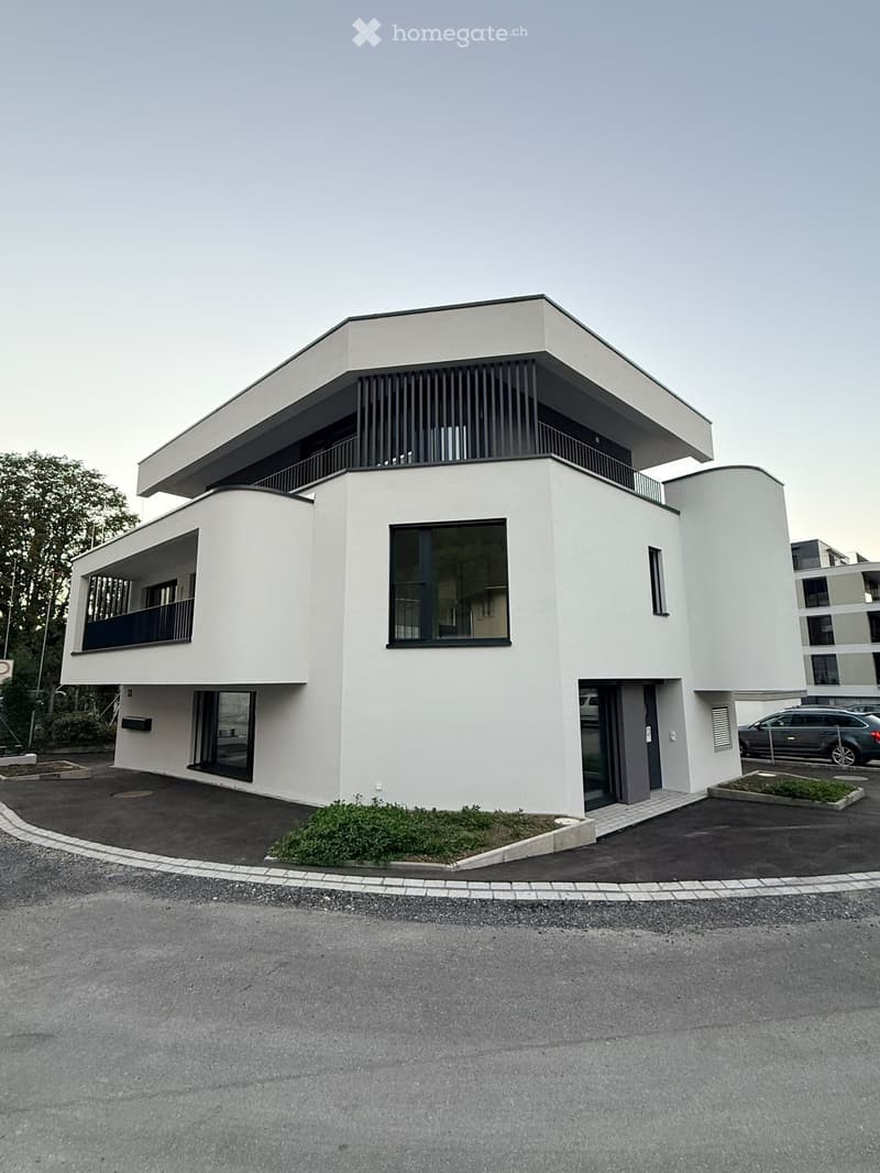 Modern two-story house with white exterior, large windows, balconies, and a small landscaped area in front.