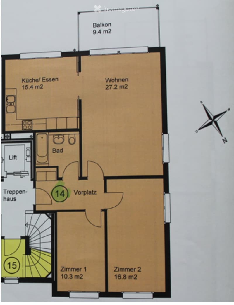 Living room, Kitchen, 2 bedrooms, 1 bathroom, balcony, lift