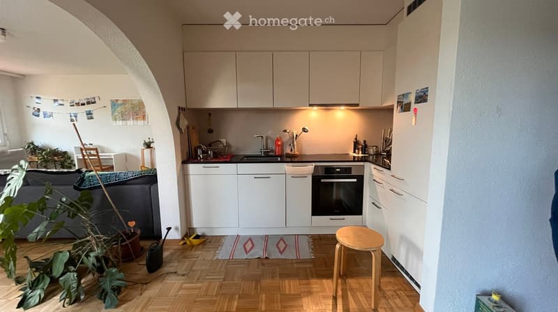 A modern, open-concept living and kitchen area with white cabinets, a black countertop, a sofa, a small wooden stool, and a potted plant. The kitchen features a sink, oven, and various utensils.
