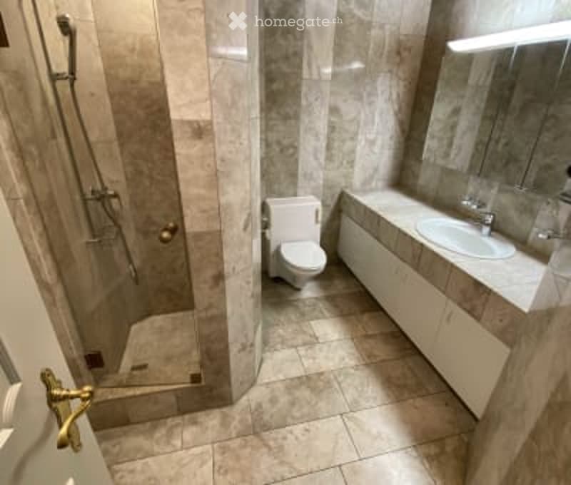 Modern bathroom with marble tiles, a toilet, a sink with a mirror, and a glass-enclosed shower area.