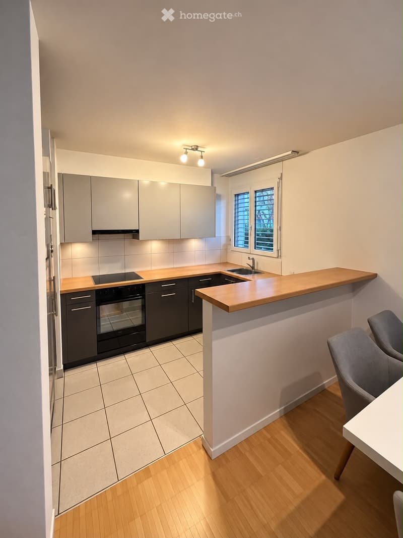 Modern kitchen with light grey cabinets, wooden countertops, built-in oven, sink, and bar counter with two chairs.