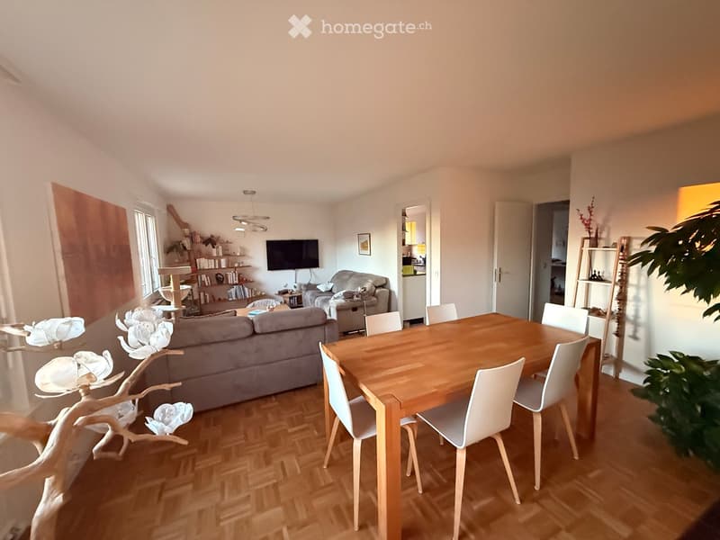 Bright living and dining area with wooden flooring, a grey sofa, a wooden dining table with white chairs, a television, and decorative shelves.