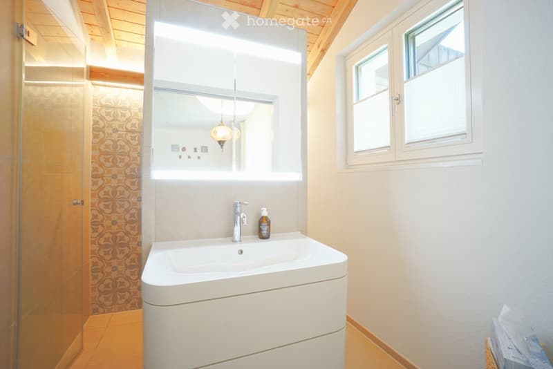 Modern bathroom with a white sink, chrome faucet, large mirror, glass shower enclosure, and decorative patterned tiles.