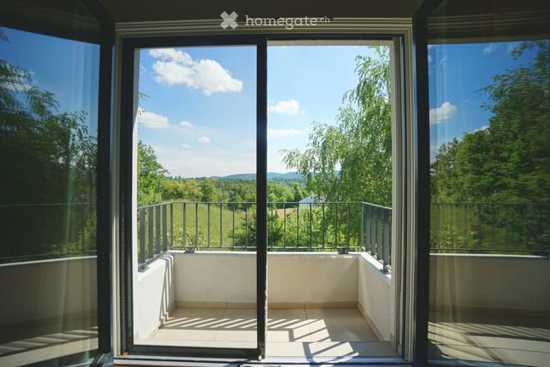 Balcony with modern glass sliding doors, metal railing, and a scenic view of green fields and trees under a clear blue sky.