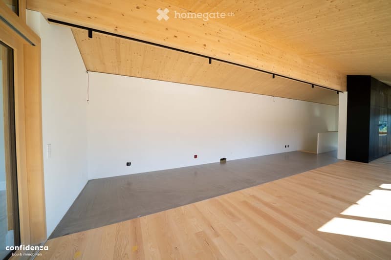 Empty room with wooden flooring and white walls, featuring a raised wooden ceiling and a small black cabinet in the corner.