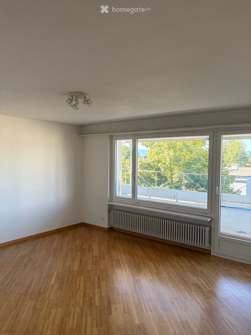 Empty room with wooden flooring, large windows, radiator, and modern light fixture.