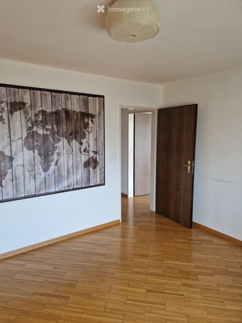 Empty hallway with wooden flooring, white walls, a world map artwork on one wall, and a closed wooden door leading to another room.