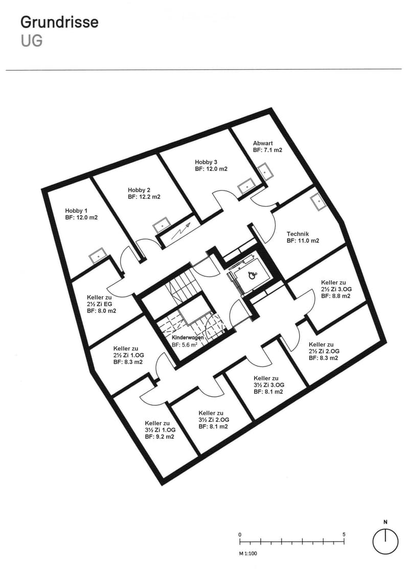 Underground floor plan showing multiple rooms including Hobby 1, Hobby 2, Hobby 3, Abwart, Technik, Kinderwagen, and several Keller zu areas.