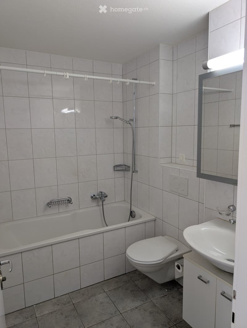 Modern bathroom with white tiled walls, a bathtub, toilet, sink, mirror, and built-in cabinetry.